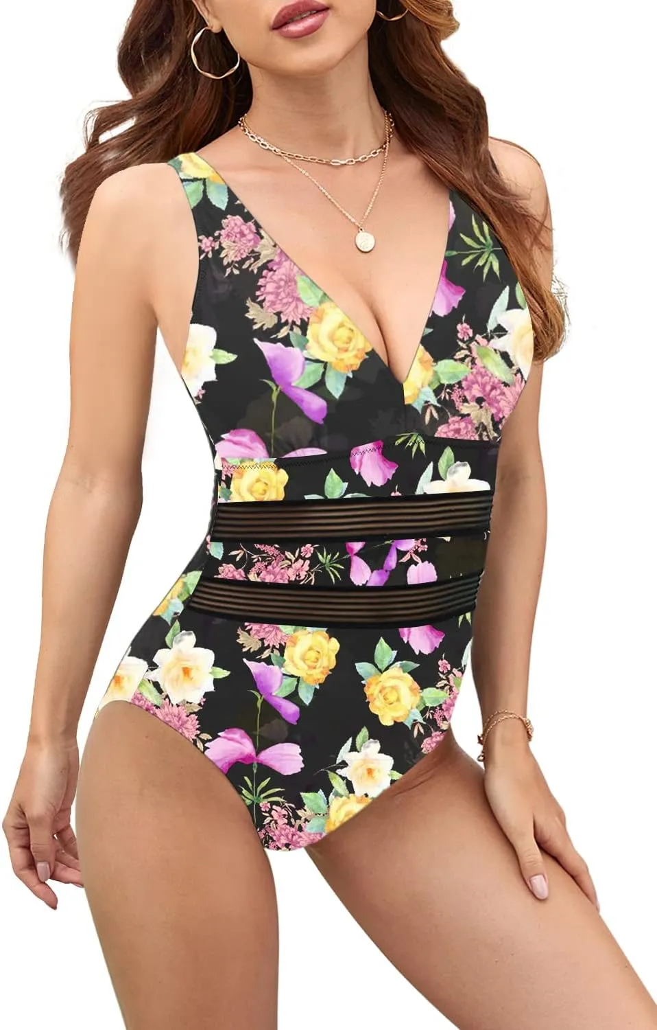 Husmeu Women's Tummy Control One Piece Swimsuits V Neck Mesh Monokini Swimwear Slimming Bathing Suit Plus Size