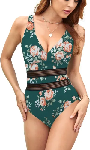 Husmeu Women's Tummy Control One Piece Swimsuits V Neck Mesh Monokini Swimwear Slimming Bathing Suit Plus Size