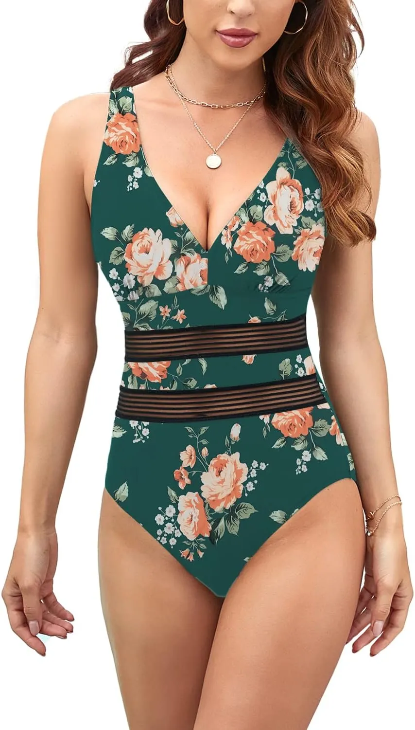 Husmeu Women's Tummy Control One Piece Swimsuits V Neck Mesh Monokini Swimwear Slimming Bathing Suit Plus Size