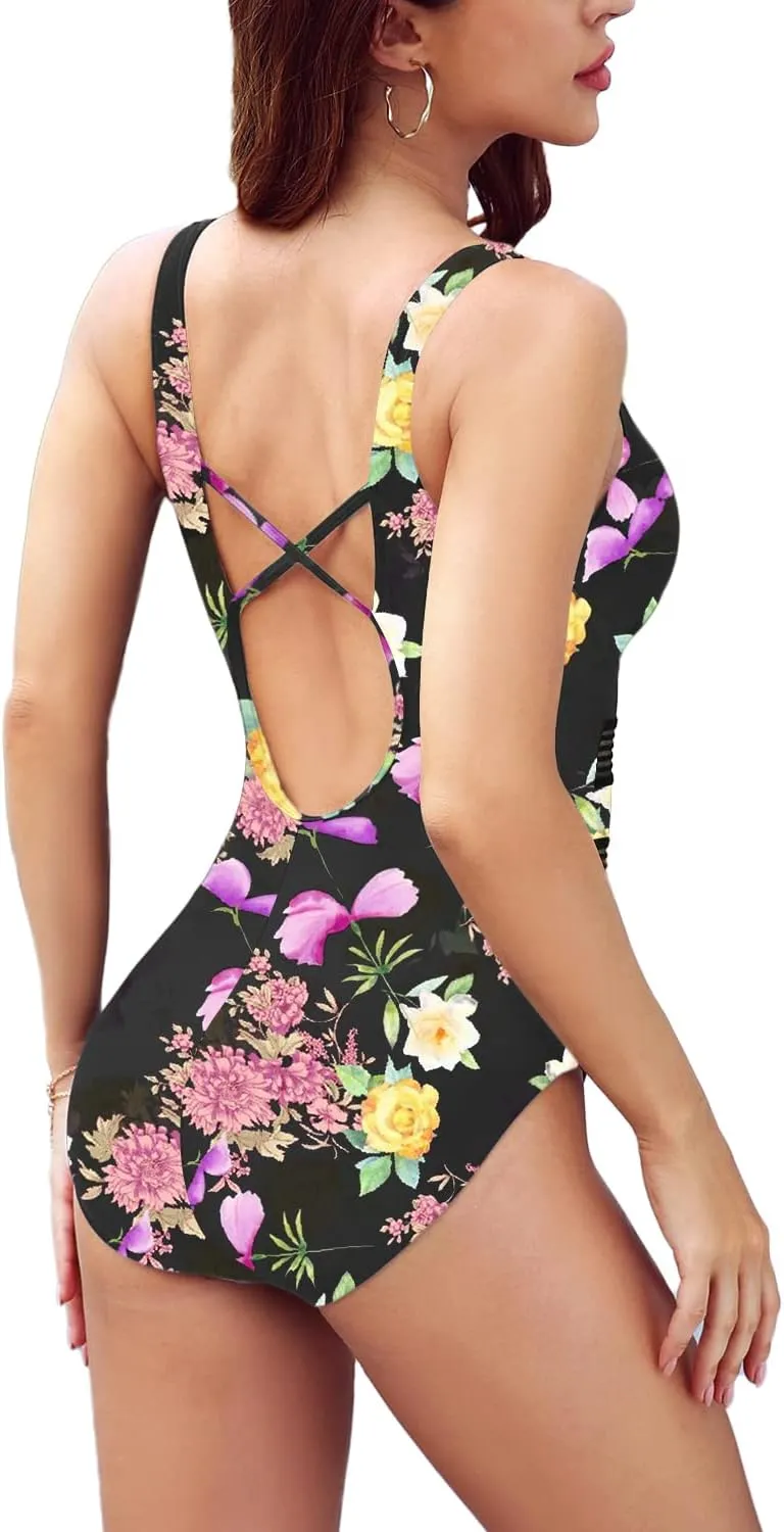Husmeu Women's Tummy Control One Piece Swimsuits V Neck Mesh Monokini Swimwear Slimming Bathing Suit Plus Size