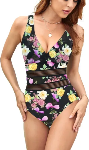 Husmeu Women's Tummy Control One Piece Swimsuits V Neck Mesh Monokini Swimwear Slimming Bathing Suit Plus Size