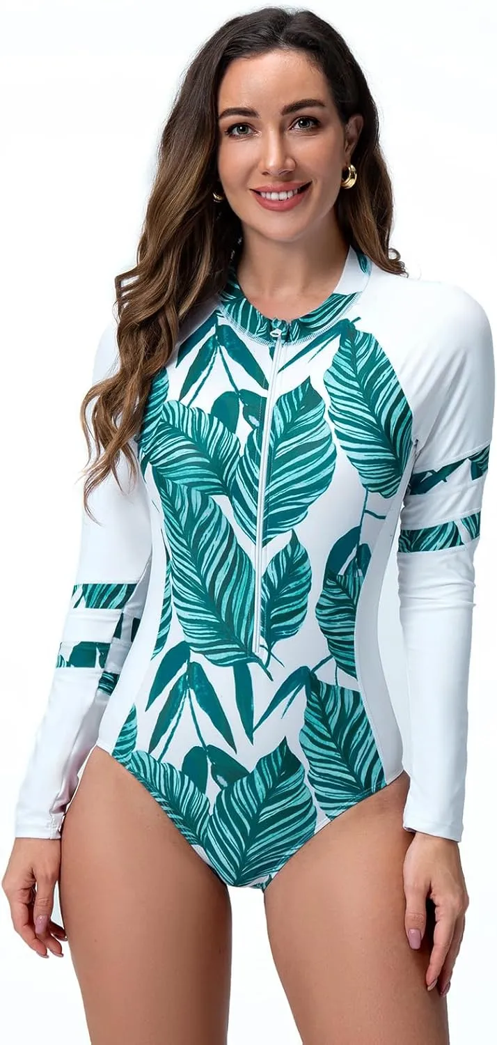 IBTOM CASTLE Women Rash Guard Long Sleeve One Piece Swimsuit UV Protection Zipper Swimwear Tummy Control Surfing Bathing Suit