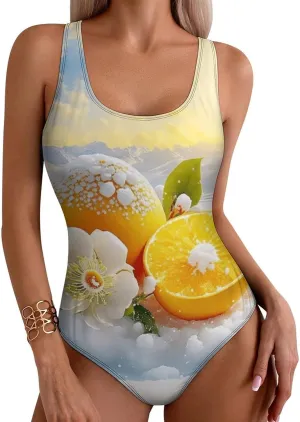 Ice Orange Ladies One Piece Swimwears Criss Cross Back Scoop Neck Aesthetic Tummy Control Swimsuits