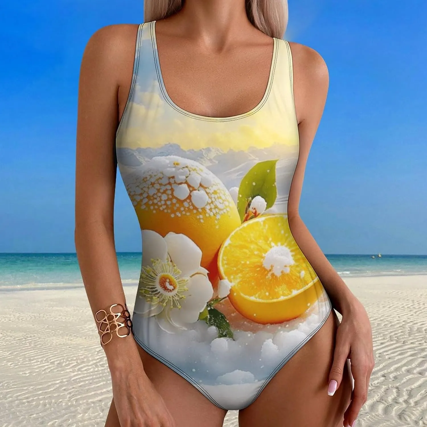 Ice Orange Ladies One Piece Swimwears Criss Cross Back Scoop Neck Aesthetic Tummy Control Swimsuits
