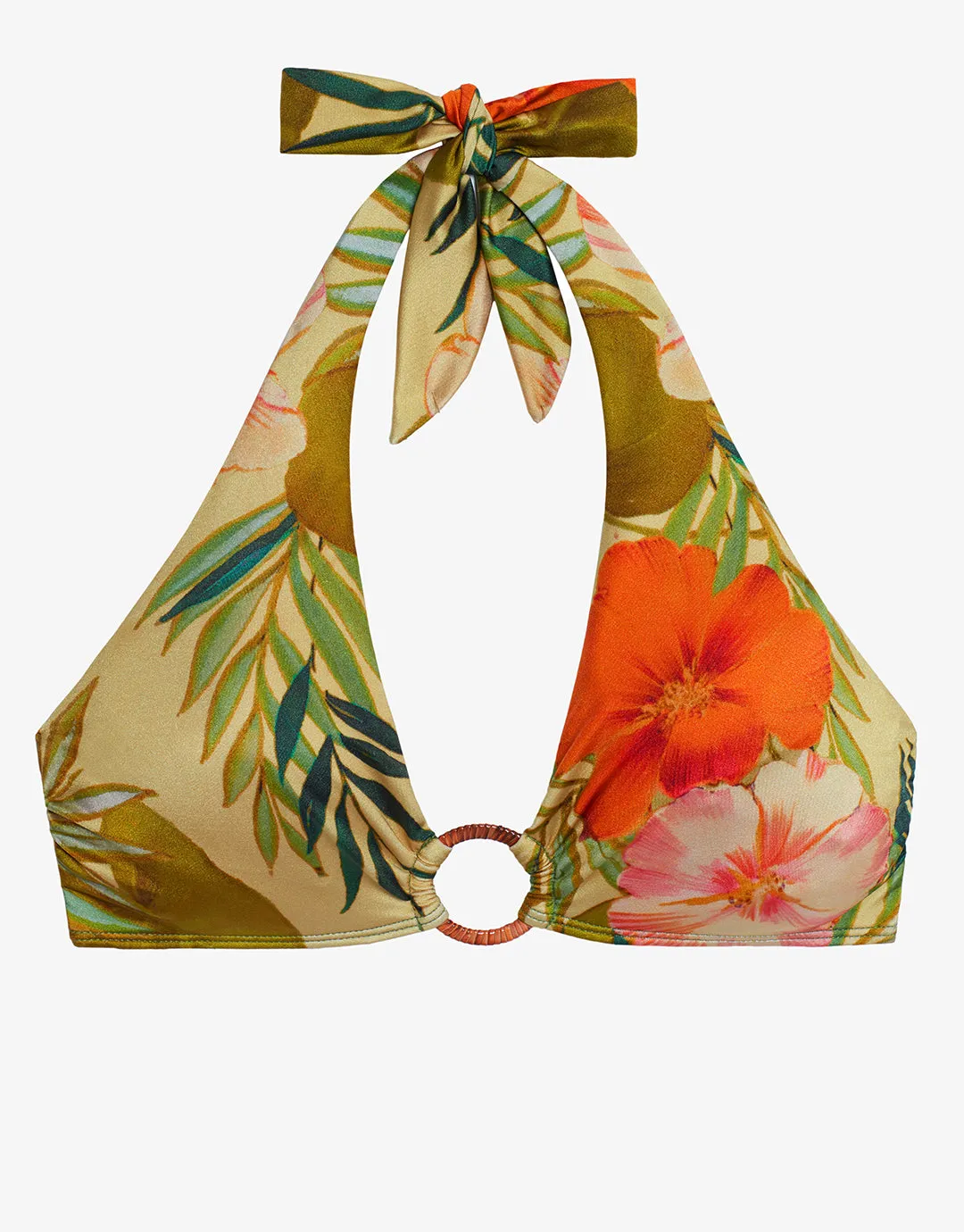 Island Tropical Rattan Ring Halter Bikini Top - Print