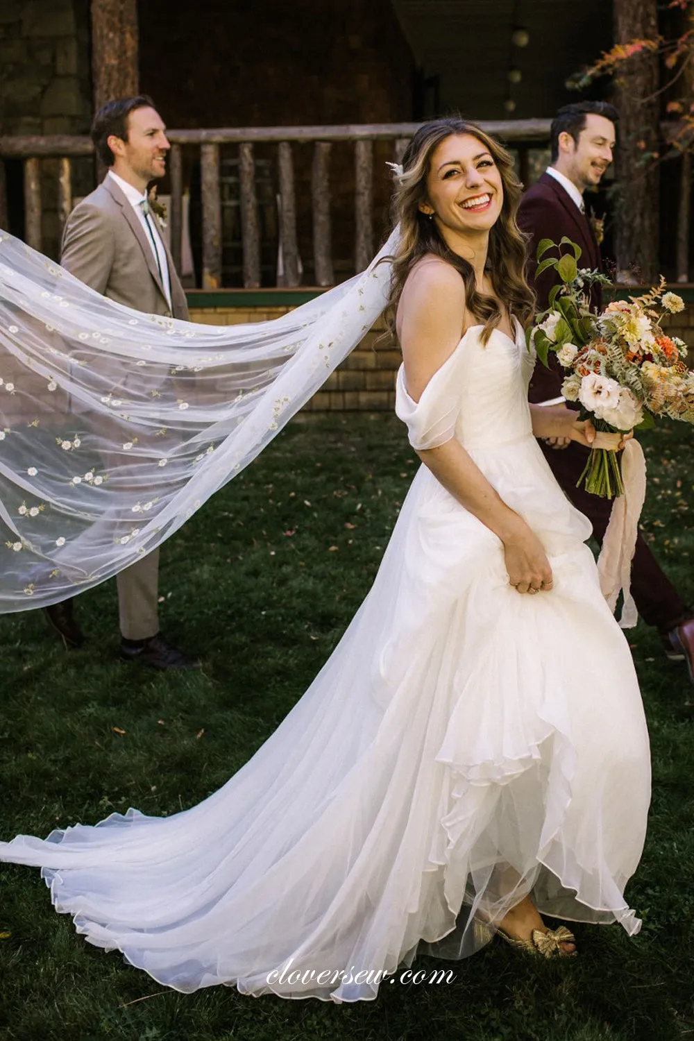 Ivory Chiffon Off The Shoulder With Floral Veil Simple Wedding Dresses, CW0352