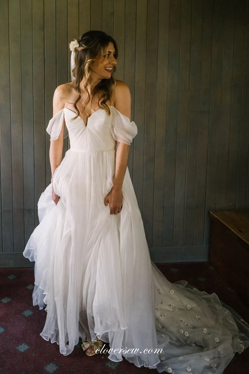 Ivory Chiffon Off The Shoulder With Floral Veil Simple Wedding Dresses, CW0352