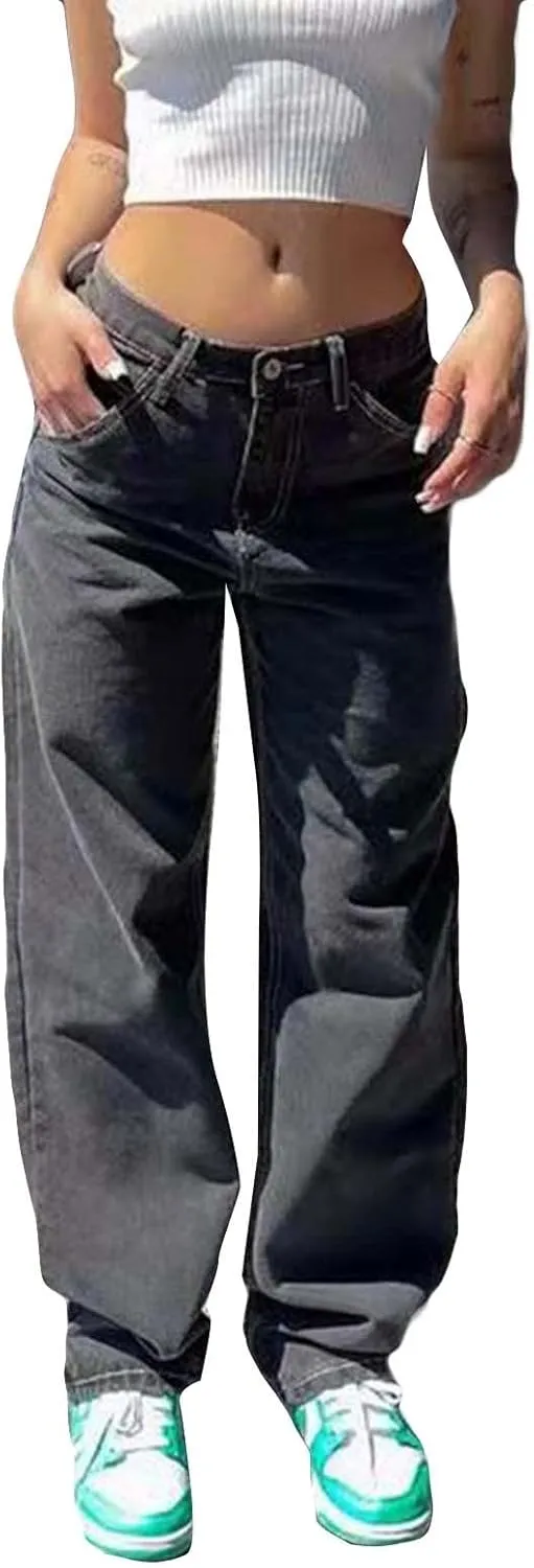 Jeans for Women Trendy, Women's Mid Rise Sweet Straight Jeans Western Mid Rise Stretch Straight Leg Jean