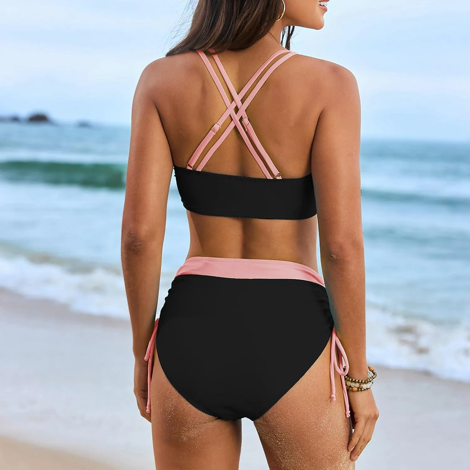JJHAEVDY Bikini Sets for Women Tummy Control High Waisted Swimsuits Solid Two Piece Bathing Suits Modest Summer Bathing Suit