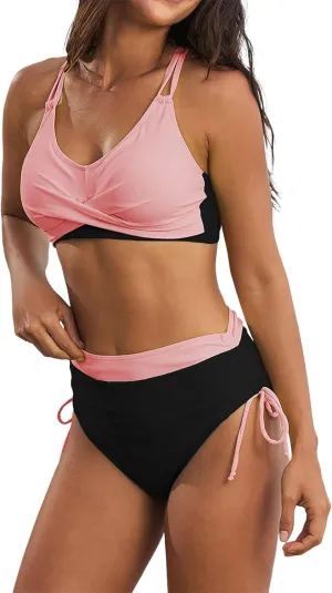 JJHAEVDY Bikini Sets for Women Tummy Control High Waisted Swimsuits Solid Two Piece Bathing Suits Modest Summer Bathing Suit