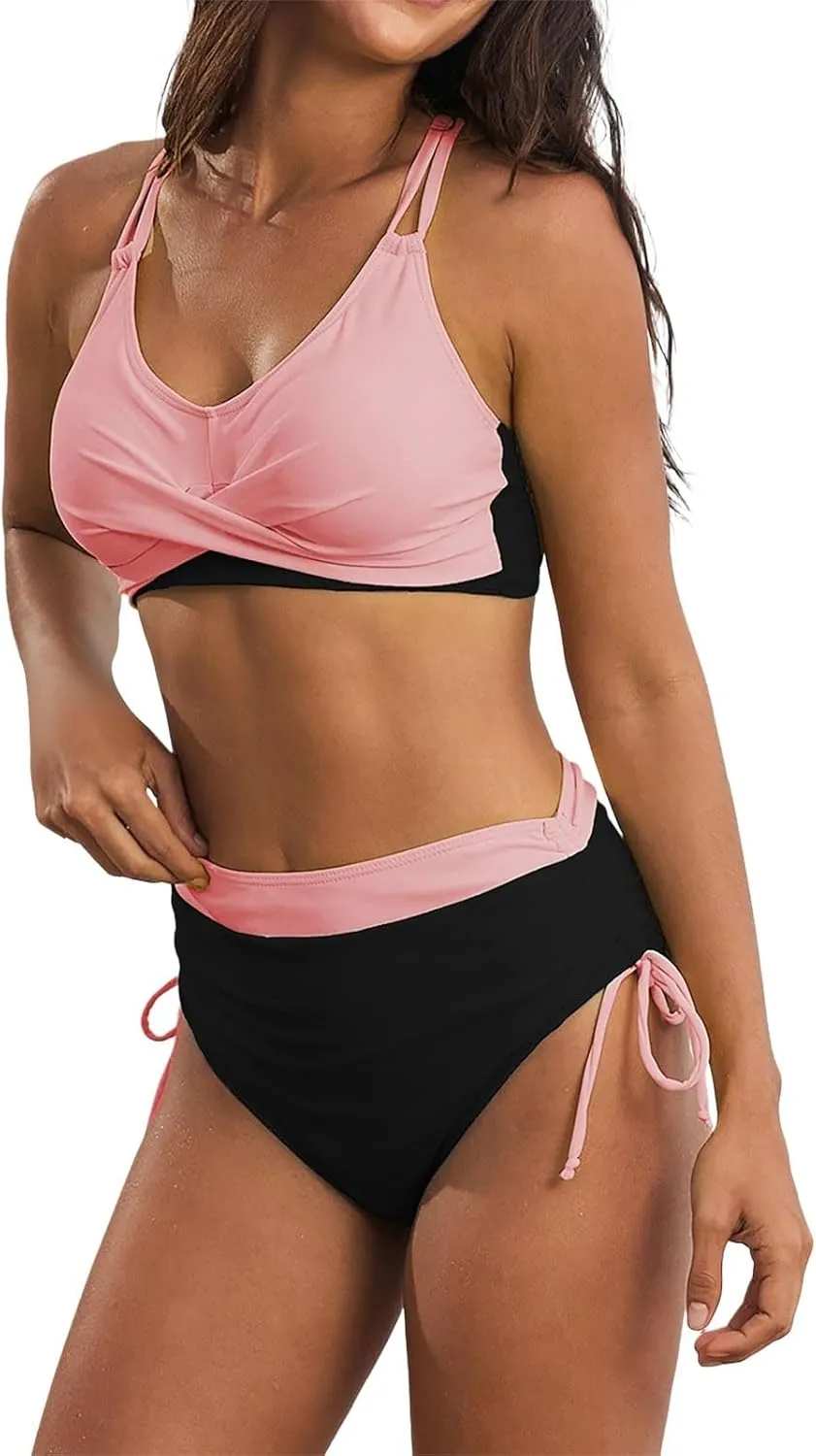 JJHAEVDY Bikini Sets for Women Tummy Control High Waisted Swimsuits Solid Two Piece Bathing Suits Modest Summer Bathing Suit