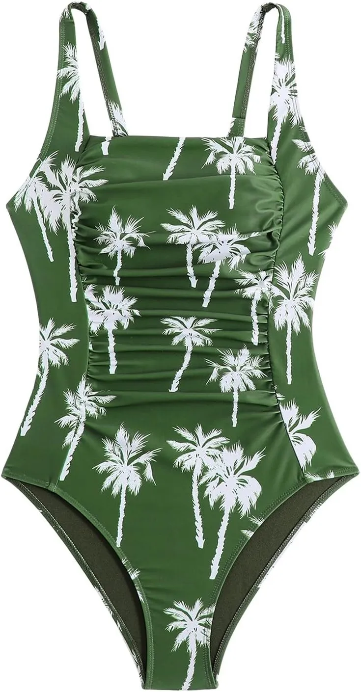 JJHAEVDY One Piece Swimsuit Women Printed Ruched Swimsuit Square Collar Swim Suits Sexy Cheeky Swimwear Modest Bathing Suits