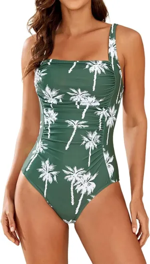 JJHAEVDY One Piece Swimsuit Women Printed Ruched Swimsuit Square Collar Swim Suits Sexy Cheeky Swimwear Modest Bathing Suits