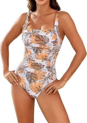 JJHAEVDY One Piece Swimsuit Women Printed Ruched Swimsuit Square Collar Swim Suits Sexy Cheeky Swimwear Modest Bathing Suits
