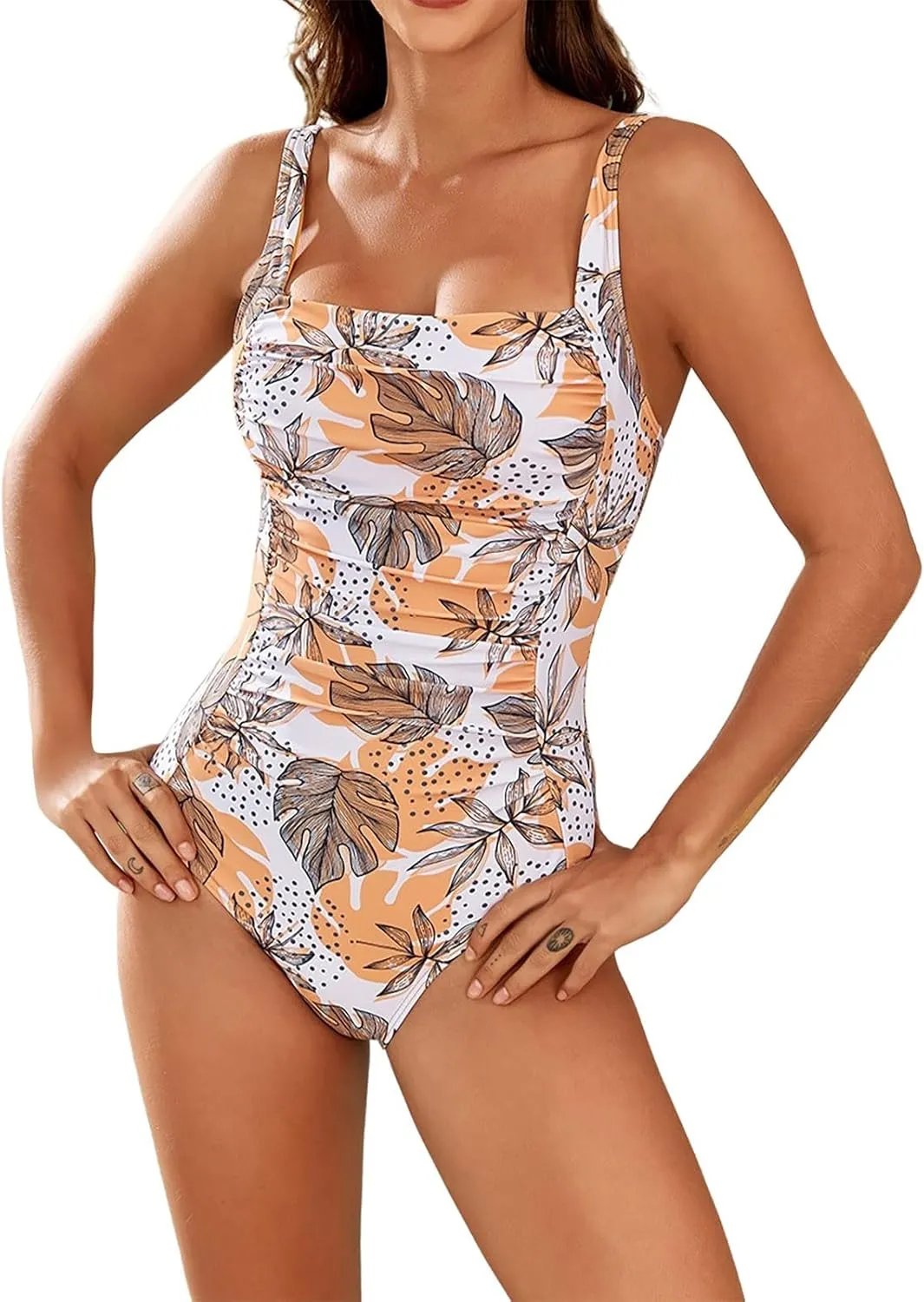JJHAEVDY One Piece Swimsuit Women Printed Ruched Swimsuit Square Collar Swim Suits Sexy Cheeky Swimwear Modest Bathing Suits