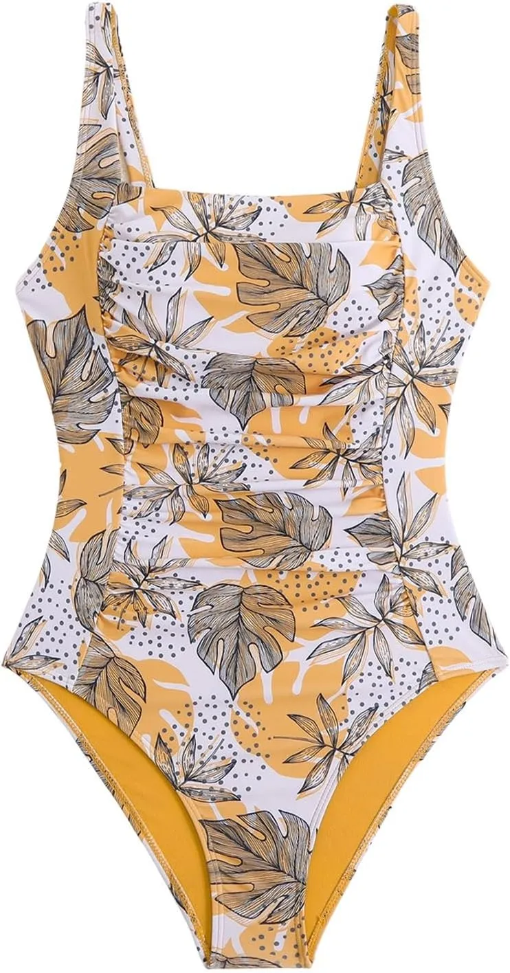 JJHAEVDY One Piece Swimsuit Women Printed Ruched Swimsuit Square Collar Swim Suits Sexy Cheeky Swimwear Modest Bathing Suits