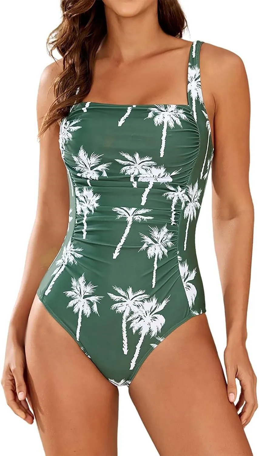 JJHAEVDY One Piece Swimsuit Women Printed Ruched Swimsuit Square Collar Swim Suits Sexy Cheeky Swimwear Modest Bathing Suits