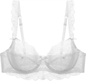 JOAU Sexy Floral Lace Bra for Women Comfort Full-Coverage Adjustable Straps Everyday Bras Mesh See Through Push Up Bralette