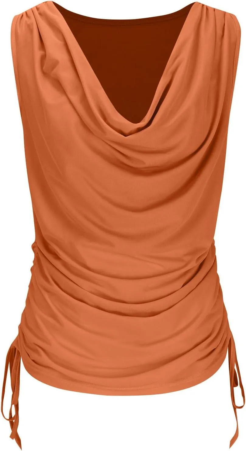 JOAU Women's Cowl Neck Tank Tops Summer Ruched Sleeveless Casual Shirts Drawstring Tie Side Shirring Tunic Blouse Plus Size