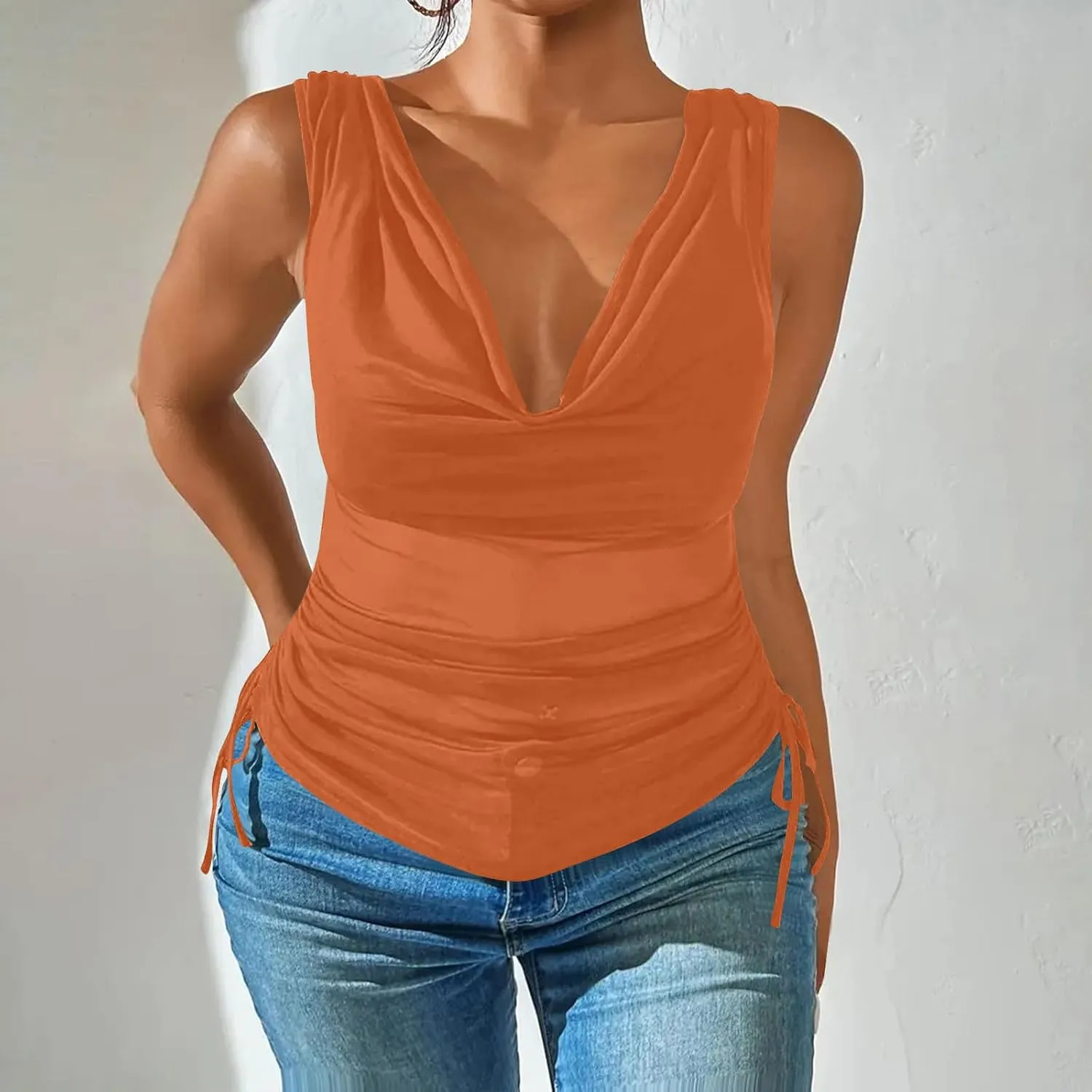 JOAU Women's Cowl Neck Tank Tops Summer Ruched Sleeveless Casual Shirts Drawstring Tie Side Shirring Tunic Blouse Plus Size