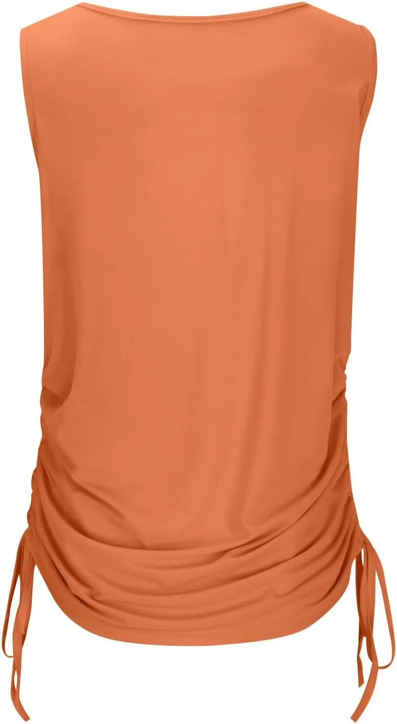 JOAU Women's Cowl Neck Tank Tops Summer Ruched Sleeveless Casual Shirts Drawstring Tie Side Shirring Tunic Blouse Plus Size