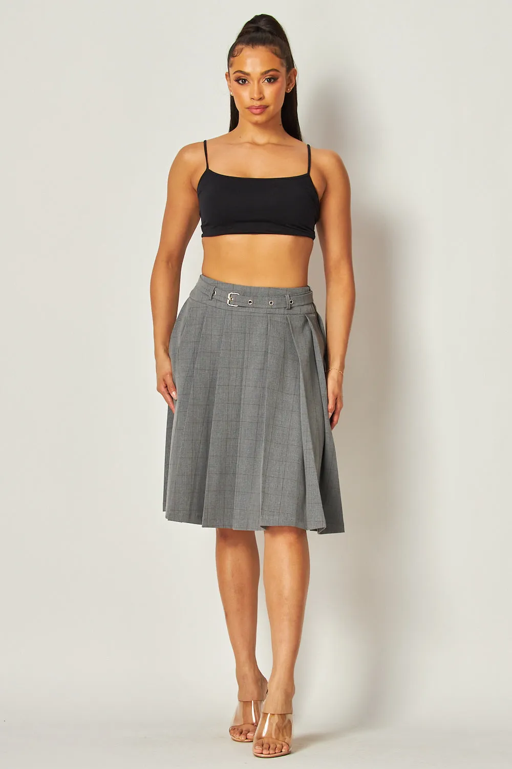 Jolene Knee Length Flared Pleated Belt Skirt