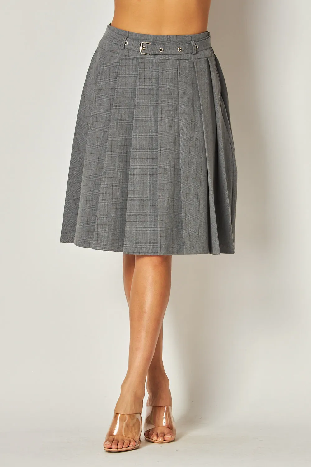 Jolene Knee Length Flared Pleated Belt Skirt