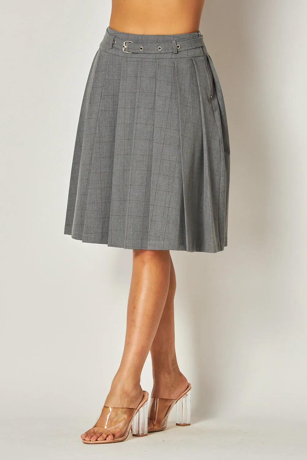 Jolene Knee Length Flared Pleated Belt Skirt