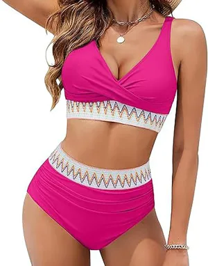 jsaierl Women Bikini Sets Front Twist Push Up Two Piece Swimsuits Color Block High Waisted Tummy Control Ruched Bathing Suits