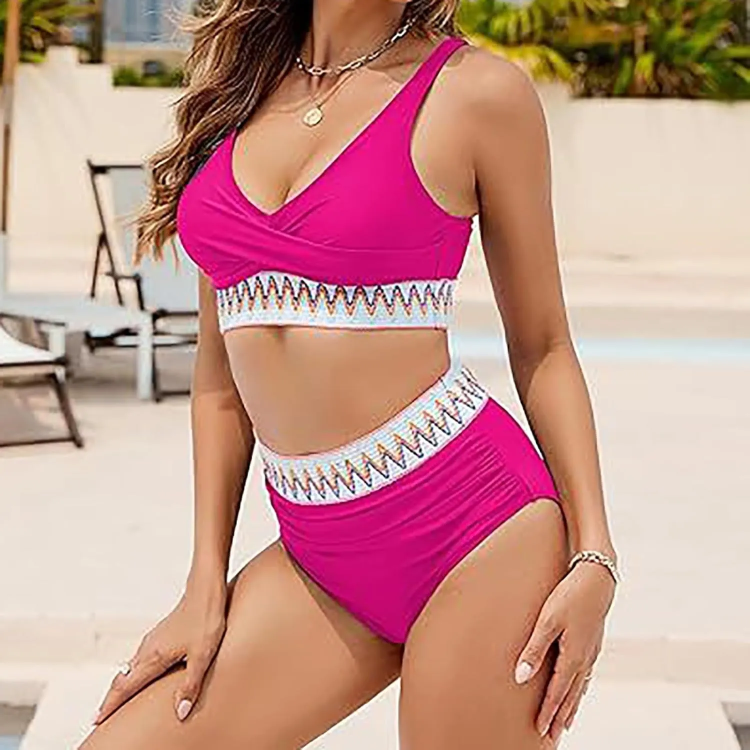 jsaierl Women Bikini Sets Front Twist Push Up Two Piece Swimsuits Color Block High Waisted Tummy Control Ruched Bathing Suits