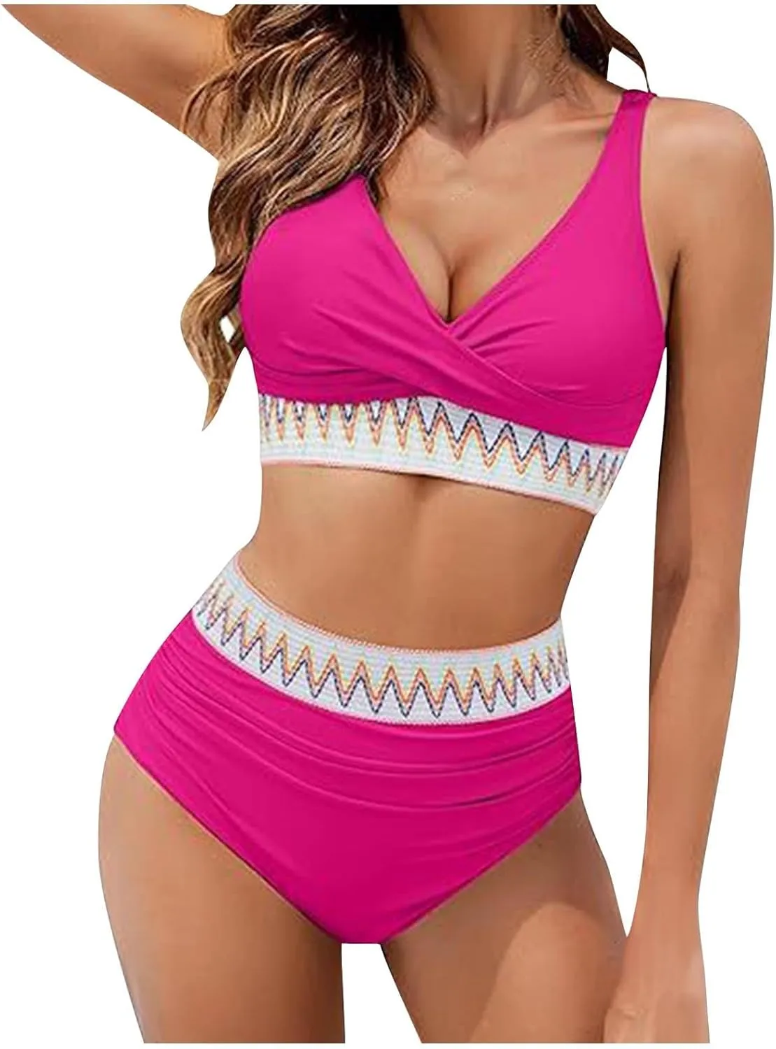 jsaierl Women Bikini Sets Front Twist Push Up Two Piece Swimsuits Color Block High Waisted Tummy Control Ruched Bathing Suits