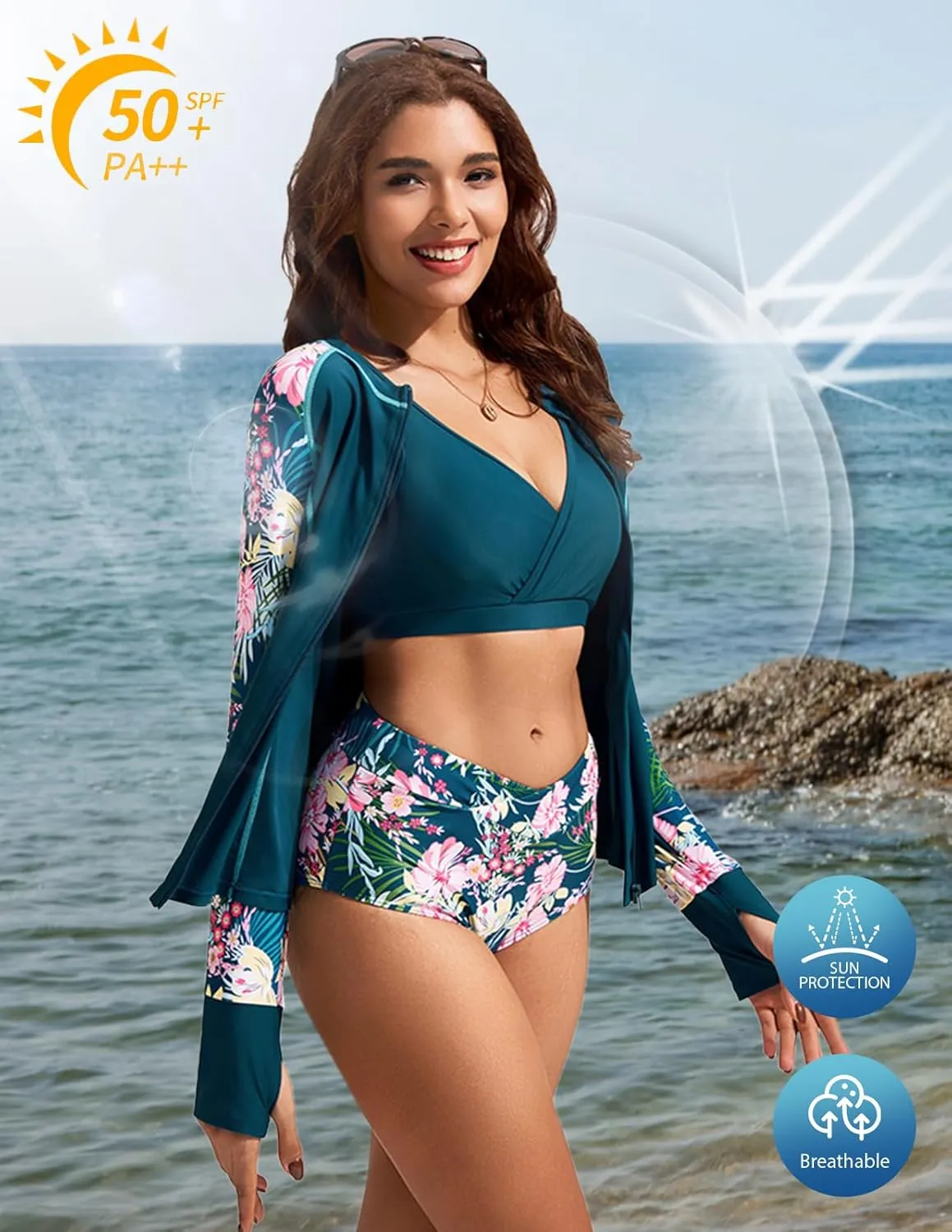 Kate Kasin Womens 3 Piece Rash Guard UPF 50  Long Sleeve Swimsuits Zip Up Surfing Bathing Suits with Built in Bra Short