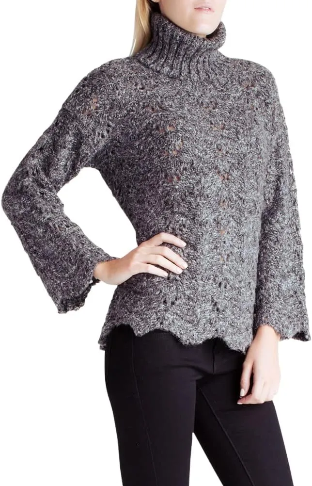 kensie Women's Fuzzy Yarn Cable Knit Turtleneck Sweater with Scalloped Hem