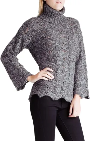 kensie Women's Fuzzy Yarn Cable Knit Turtleneck Sweater with Scalloped Hem