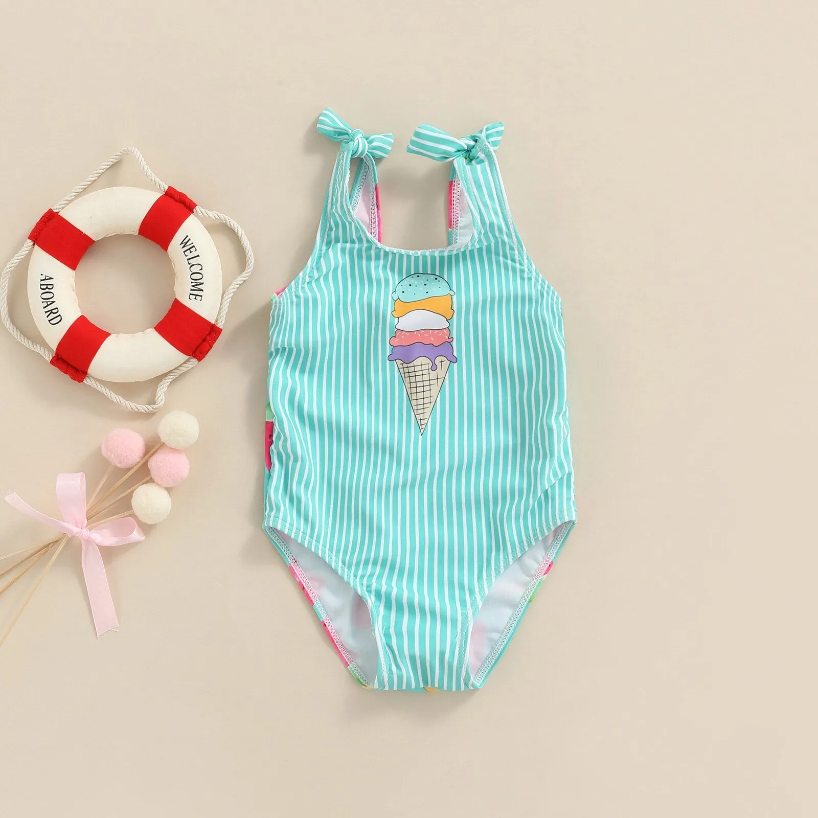 Kid Girl Ice Cream Printed Patchwork Beach Bodysuit