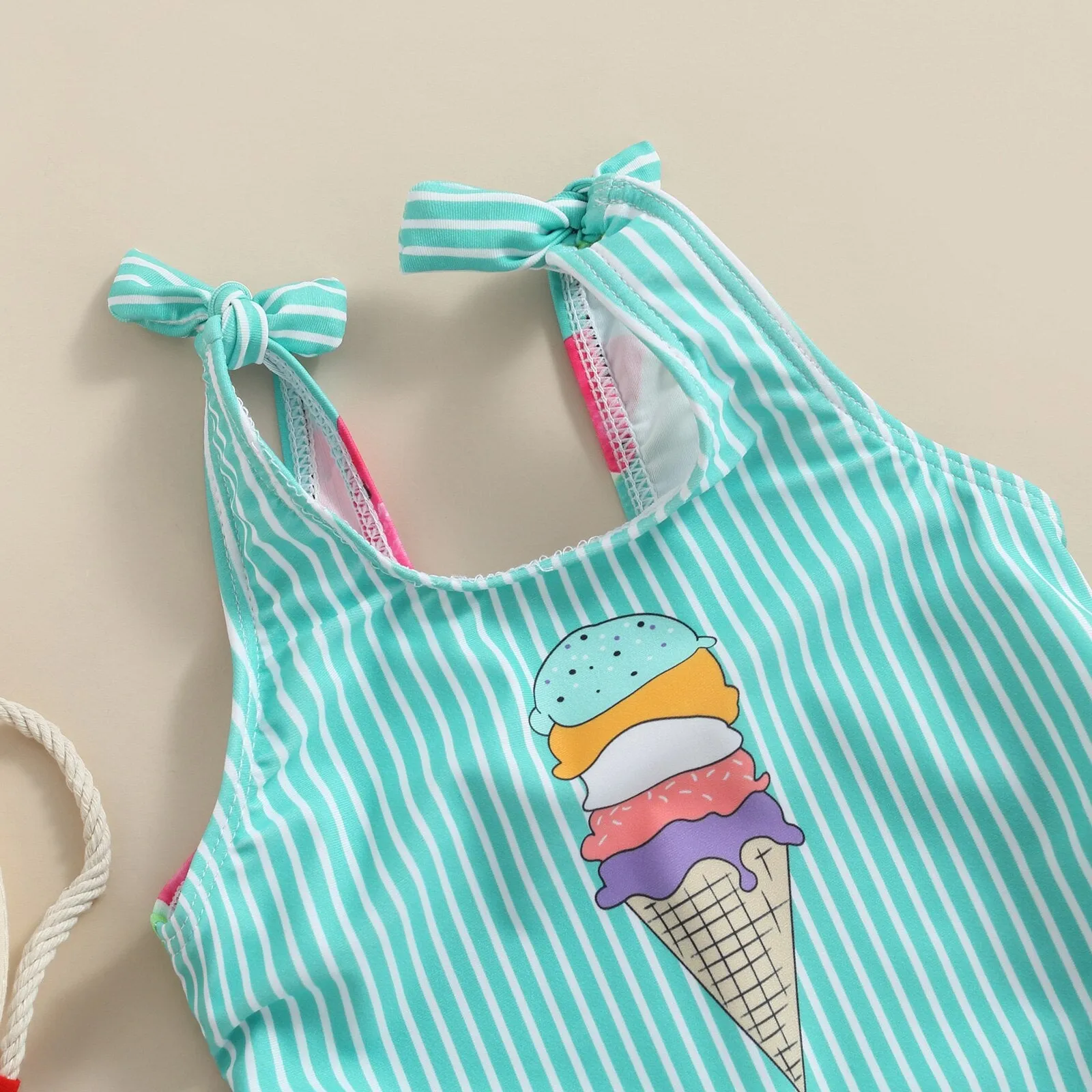 Kid Girl Ice Cream Printed Patchwork Beach Bodysuit