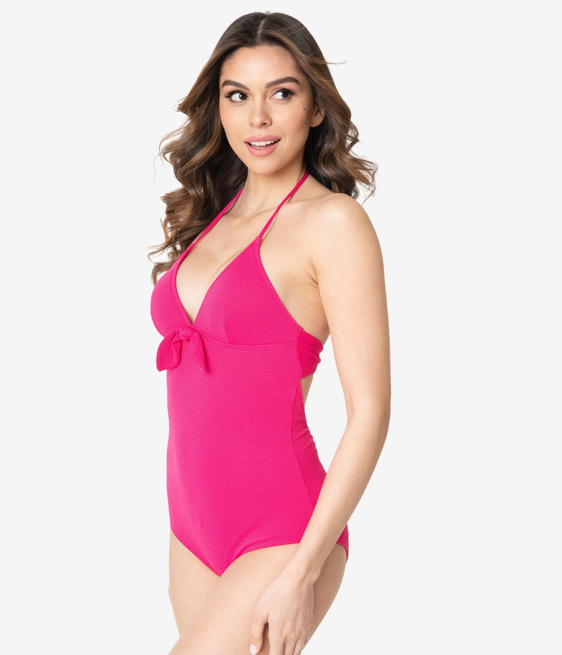 Kingdom & State Hot Pink Textured Halter One Piece Swimsuit