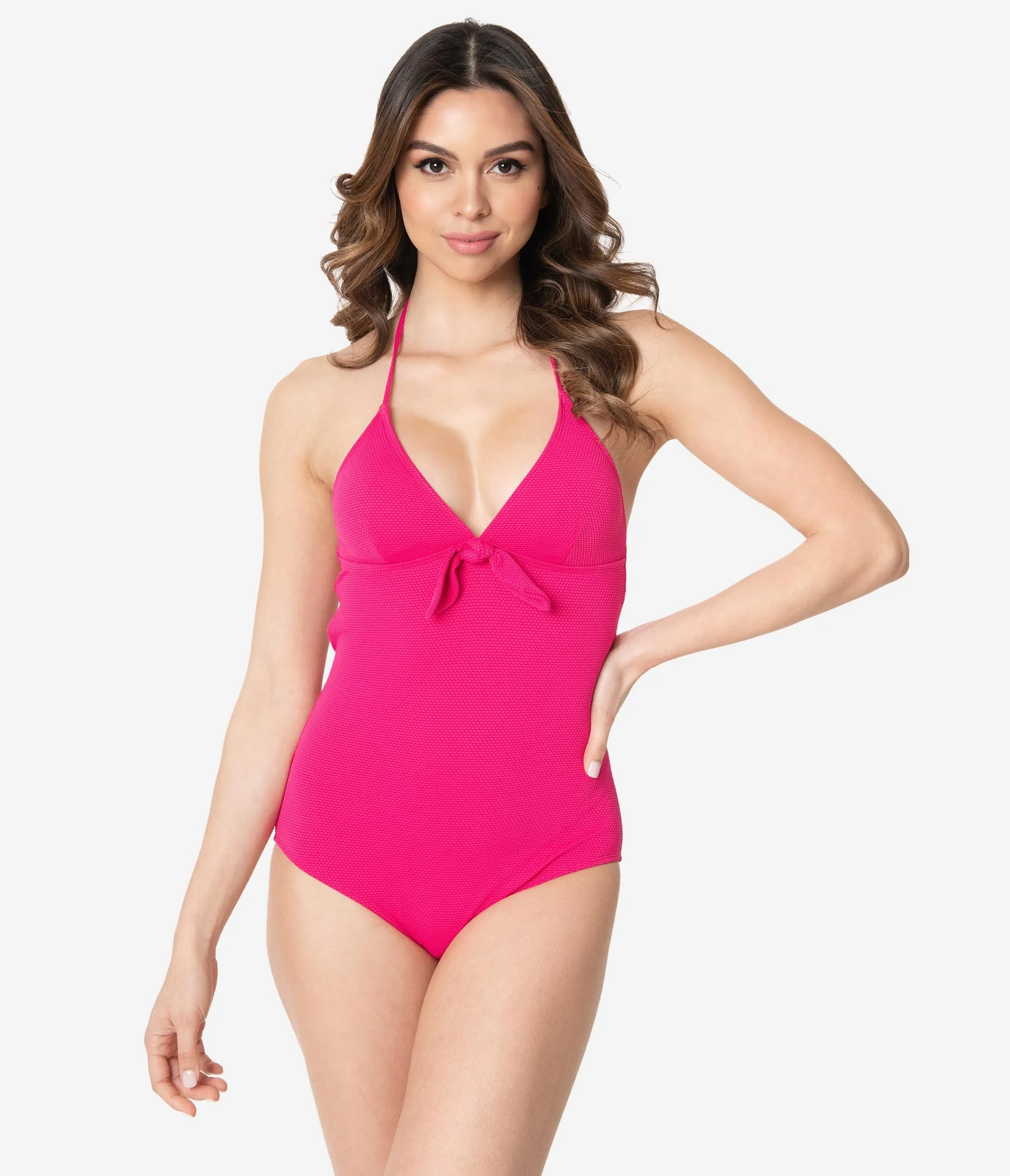 Kingdom & State Hot Pink Textured Halter One Piece Swimsuit