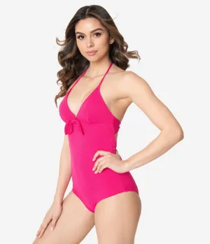 Kingdom & State Hot Pink Textured Halter One Piece Swimsuit