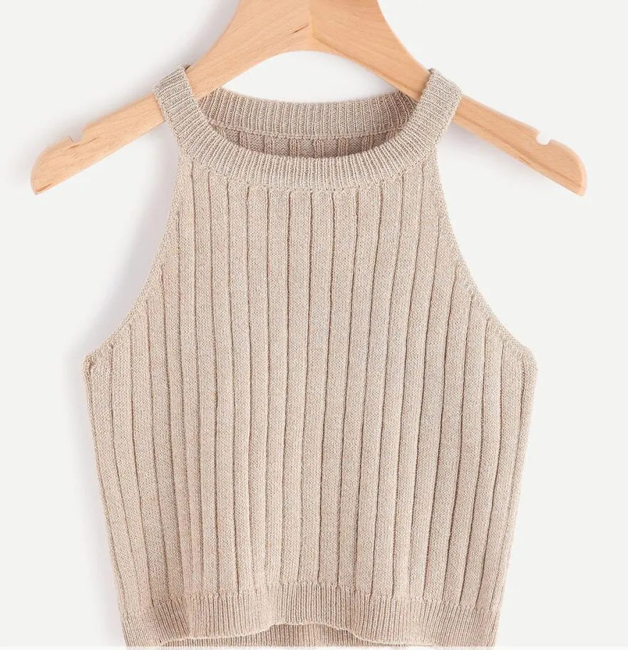 Knitted Halter Korean Tank Top Women Short Bare Belly Tops Matching Camisole Slim Look