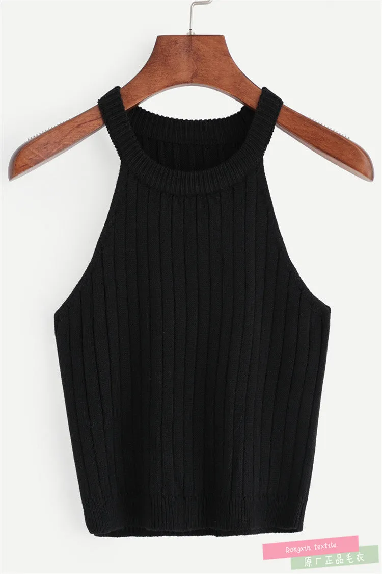 Knitted Halter Korean Tank Top Women Short Bare Belly Tops Matching Camisole Slim Look