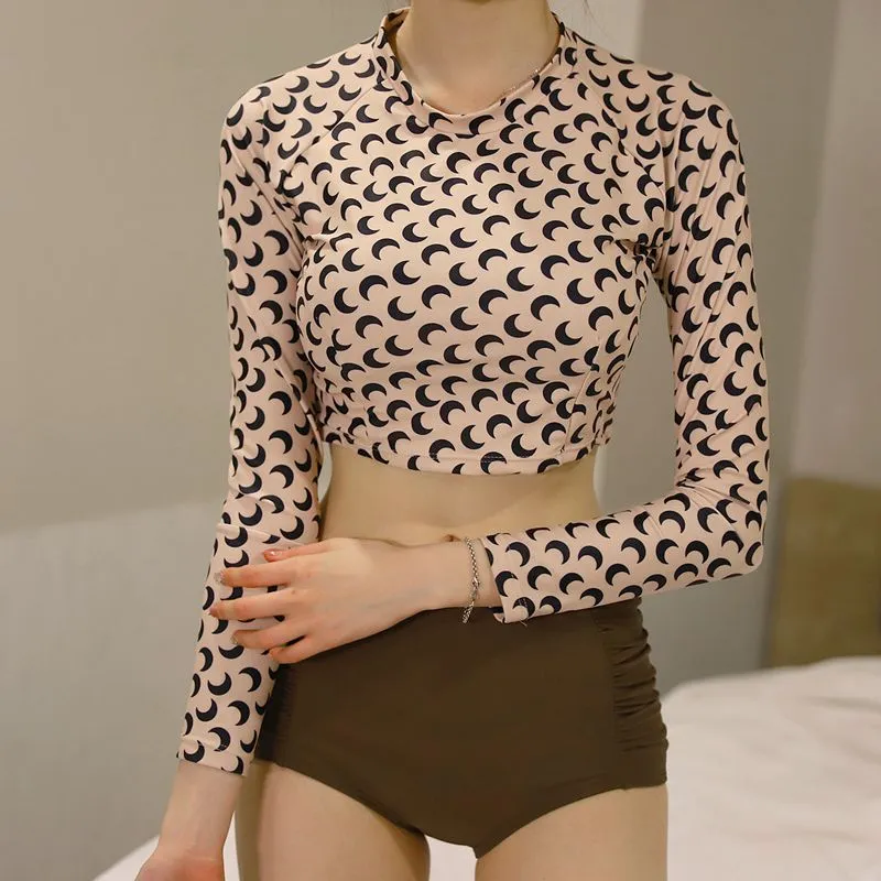 Kpop Jennie sexy crop top long sleeve crescent print split bikini swimsuit