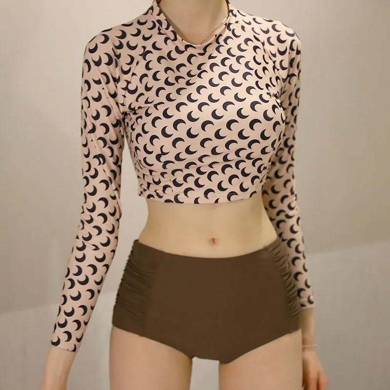 Kpop Jennie sexy crop top long sleeve crescent print split bikini swimsuit