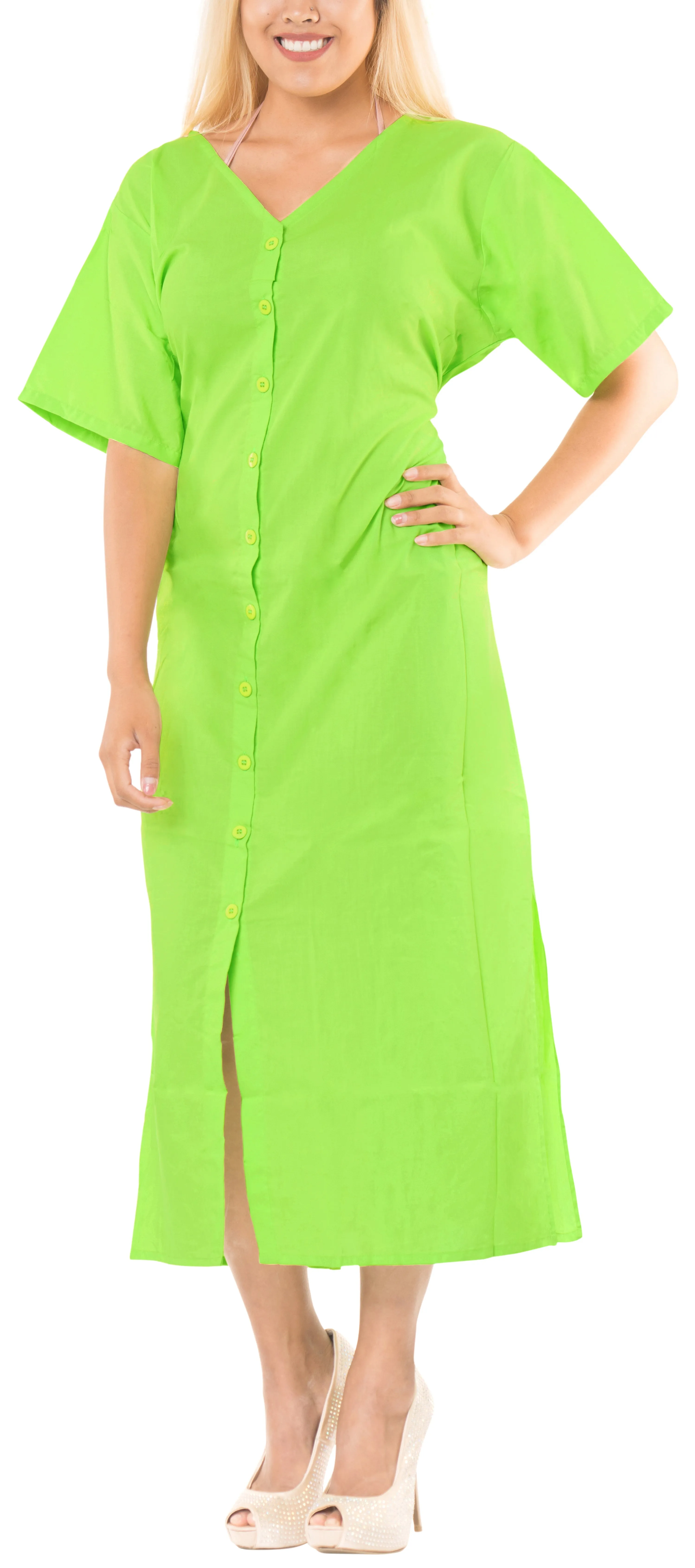 LA LEELA Bikini Swimwear Swimsuit Beach Cardigan Cover-ups Women Dresses Solid Green_A997