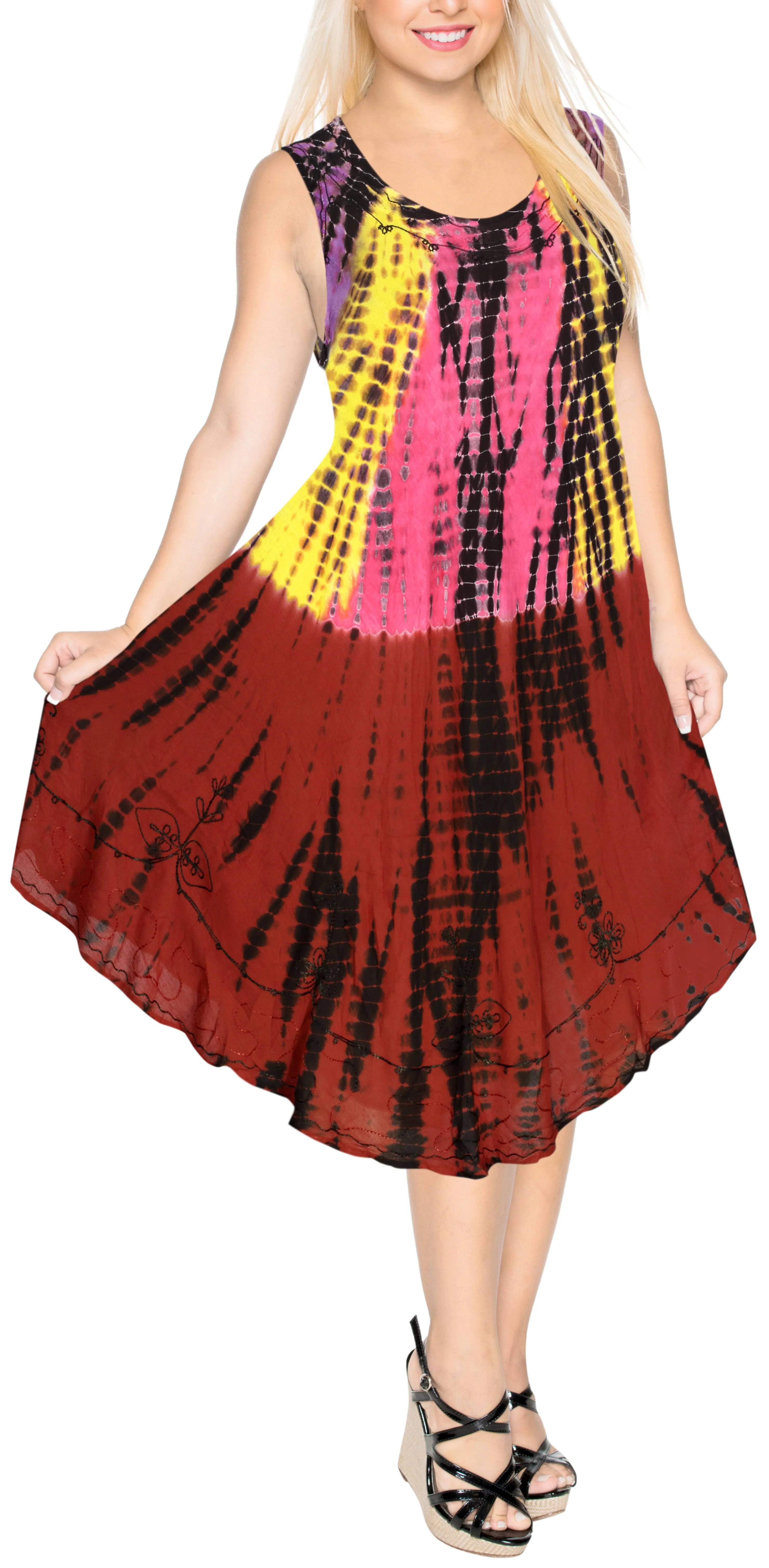 LA LEELA Rayon Tie Dye Casual Short Tube DRESS Beach Cover upes OSFM 14-20 [L-2X] Maroon_Yellow