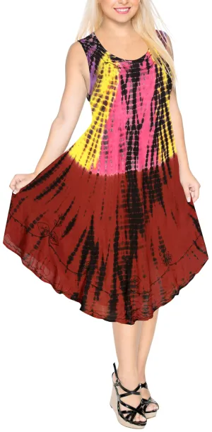 LA LEELA Rayon Tie Dye Casual Short Tube DRESS Beach Cover upes OSFM 14-20 [L-2X] Maroon_Yellow
