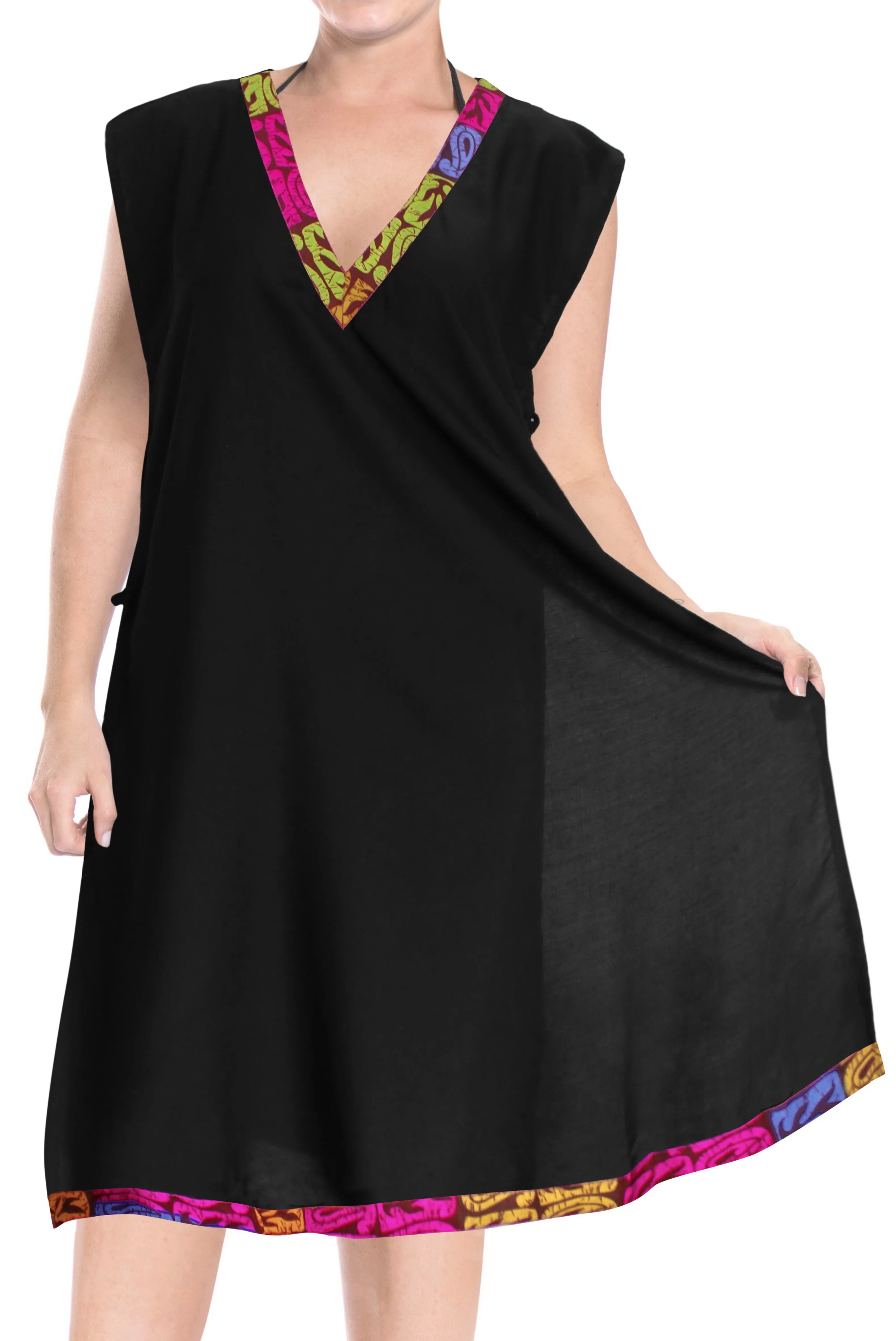 LA LEELA Women's Beach Swimsuit for Women Cover-ups printed Bikini Cover-Up Side Cut Solid Plain Black