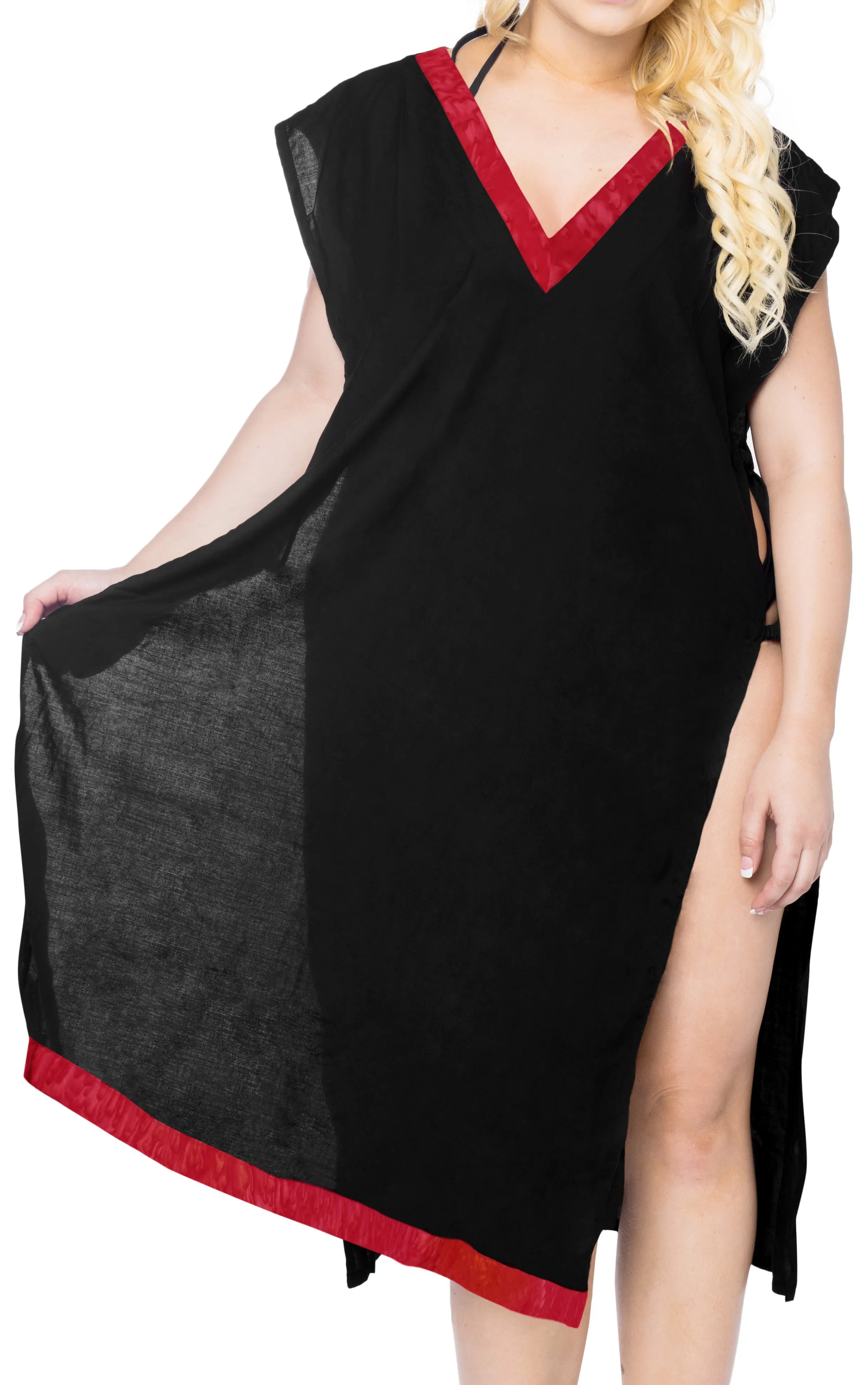 LA LEELA Women's Beach Swimsuit for Women Cover-ups printed V-Neck red Bikini Cover-Up Solid Plain Black
