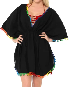 LA LEELA Women's Mini Bathing Suit Cover Up for Beach Pool Swimwear Solid Plain Black OSFM 8-16W [M- 1X]