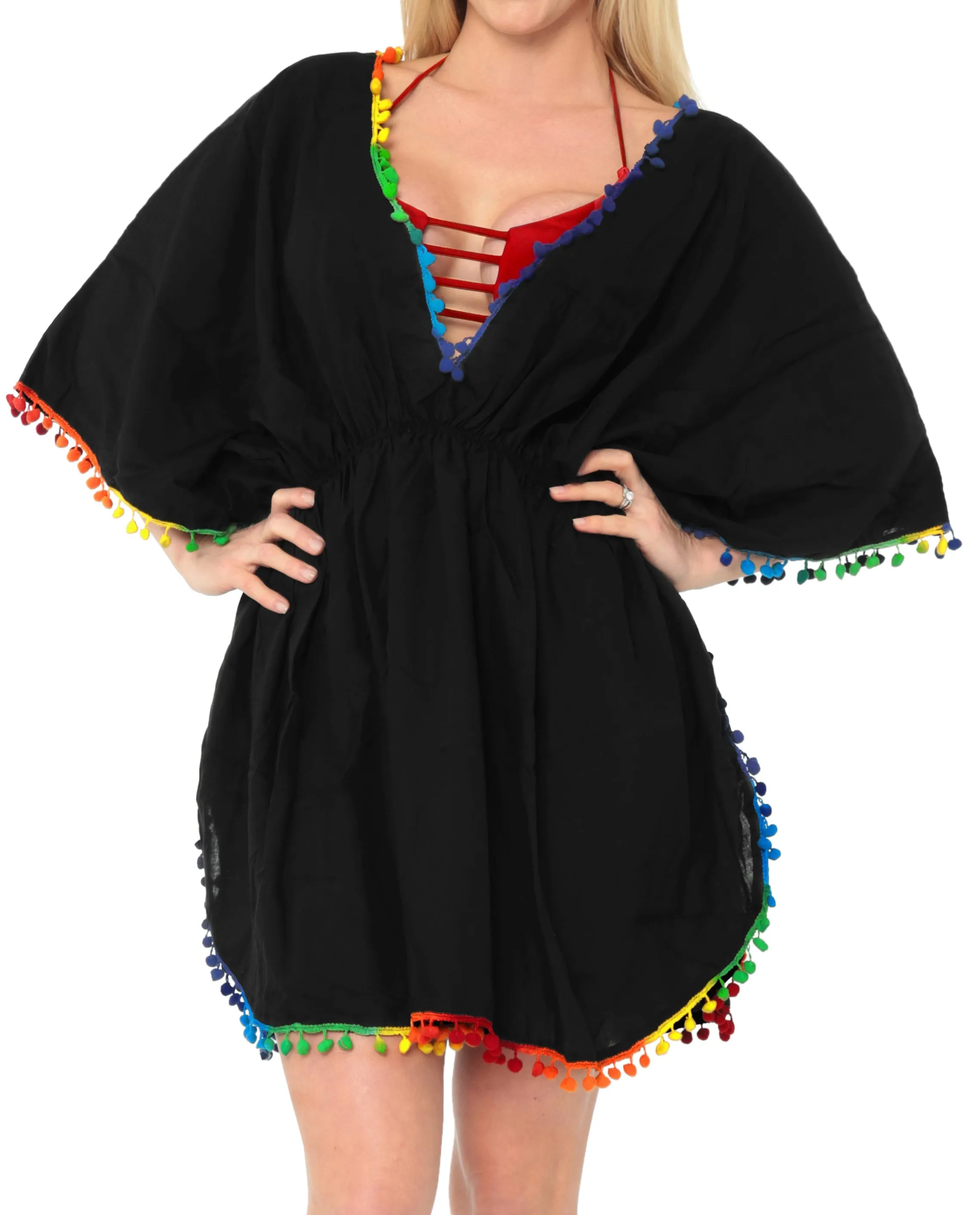 LA LEELA Women's Mini Bathing Suit Cover Up for Beach Pool Swimwear Solid Plain Black OSFM 8-16W [M- 1X]